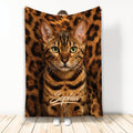 Bengal cat blanket featuring a realistic spotted cat artwork in rich golden brown tones