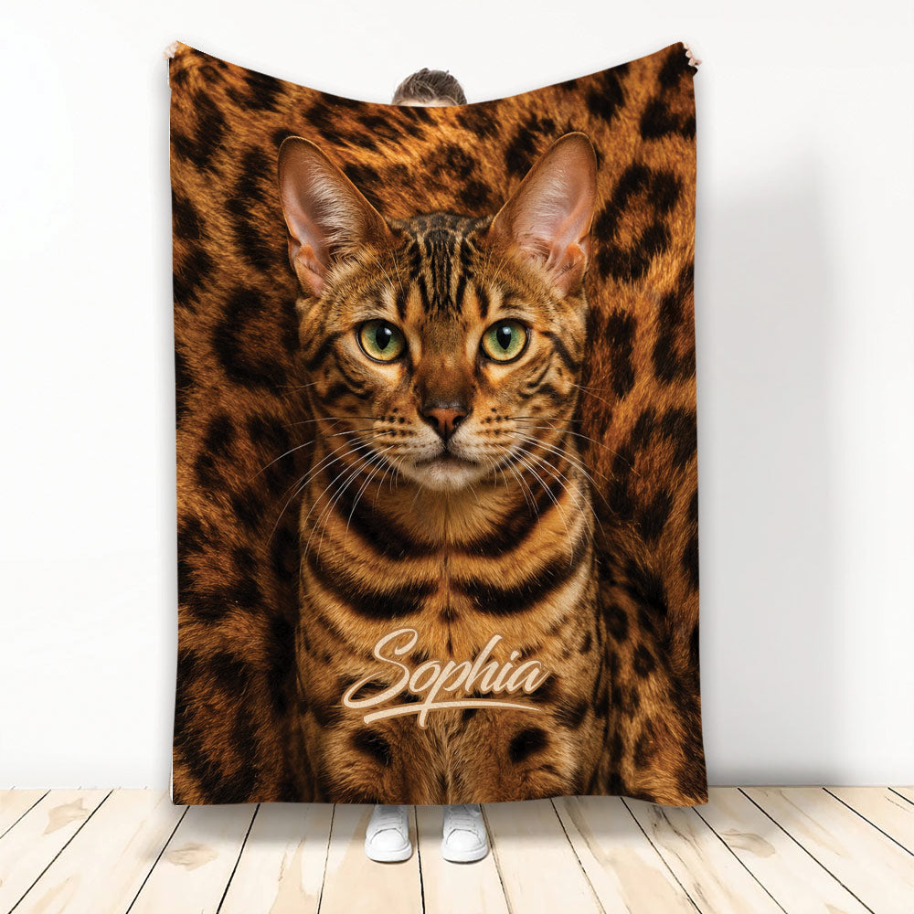 Bengal cat blanket featuring a realistic spotted cat artwork in rich golden brown tones