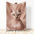 Sphynx cat throw blanket displayed upright with large hairless cat artwork in a soft blush palette