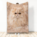 Persian cat throw blanket displayed upright with a fluffy cream cat portrait in warm beige tones