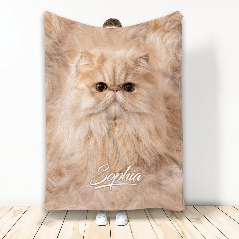 Persian cat throw blanket displayed upright with a fluffy cream cat portrait in warm beige tones