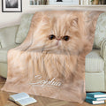Persian cat throw blanket styled on an armchair with a close-up fluffy cream cat design