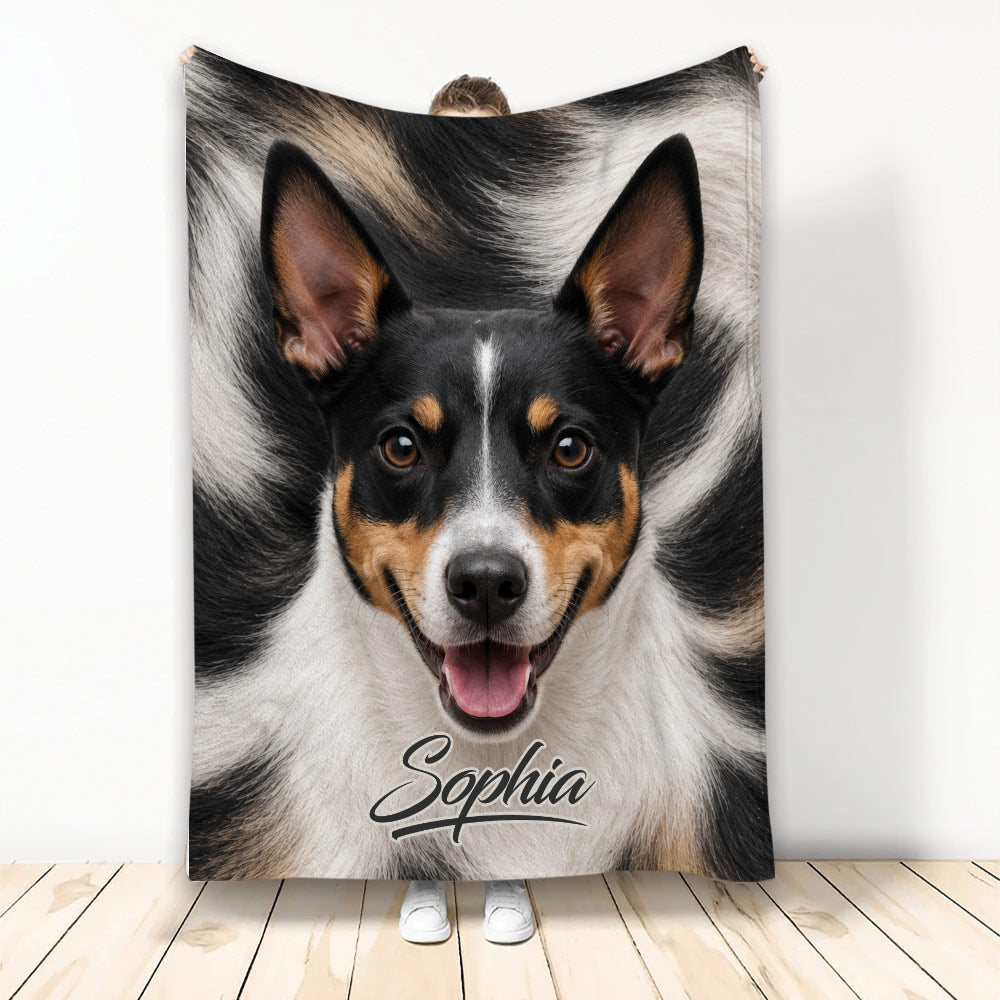 Rat Terrier throw blanket with a close-up tricolor dog design in black, white, and tan
