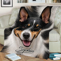 Close-up Rat Terrier throw blanket displayed across a sofa with black, white, and tan artwork