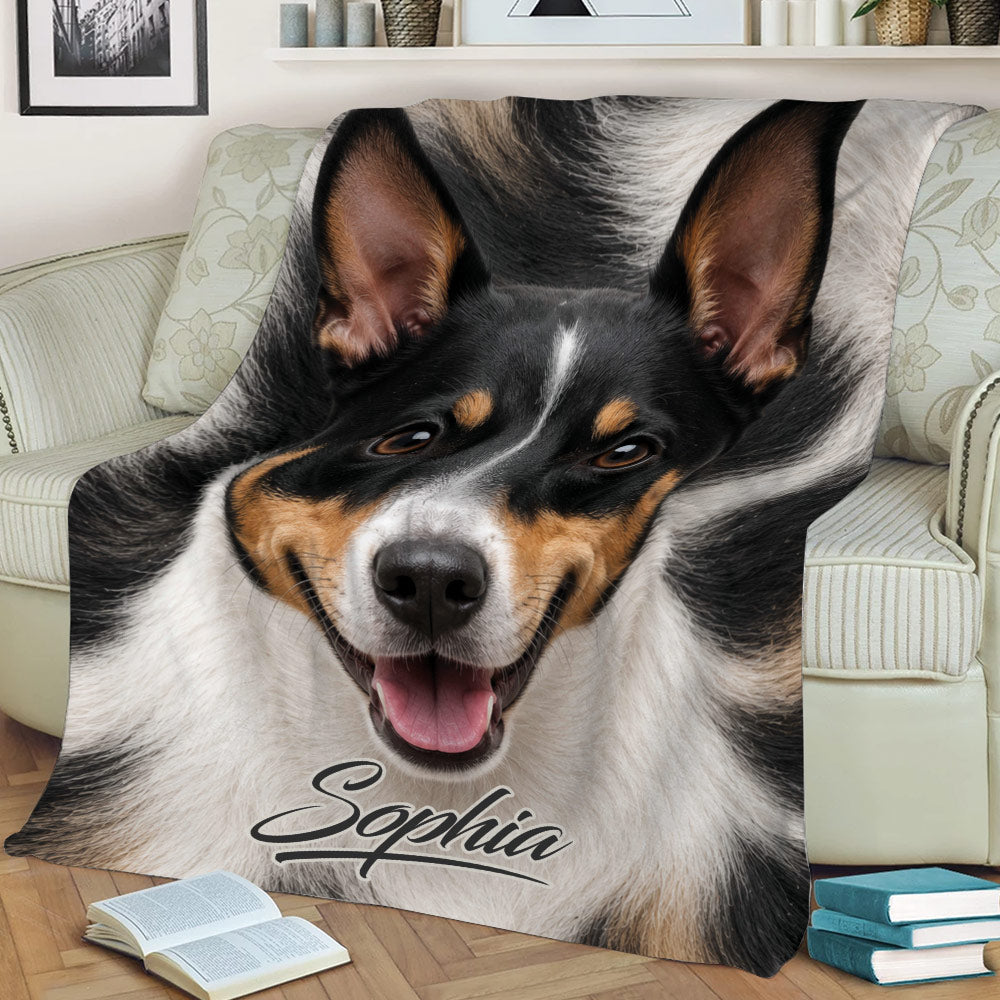 Close-up Rat Terrier throw blanket displayed across a sofa with black, white, and tan artwork