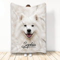 White Samoyed face blanket displayed vertically in a bright room with a cozy custom design