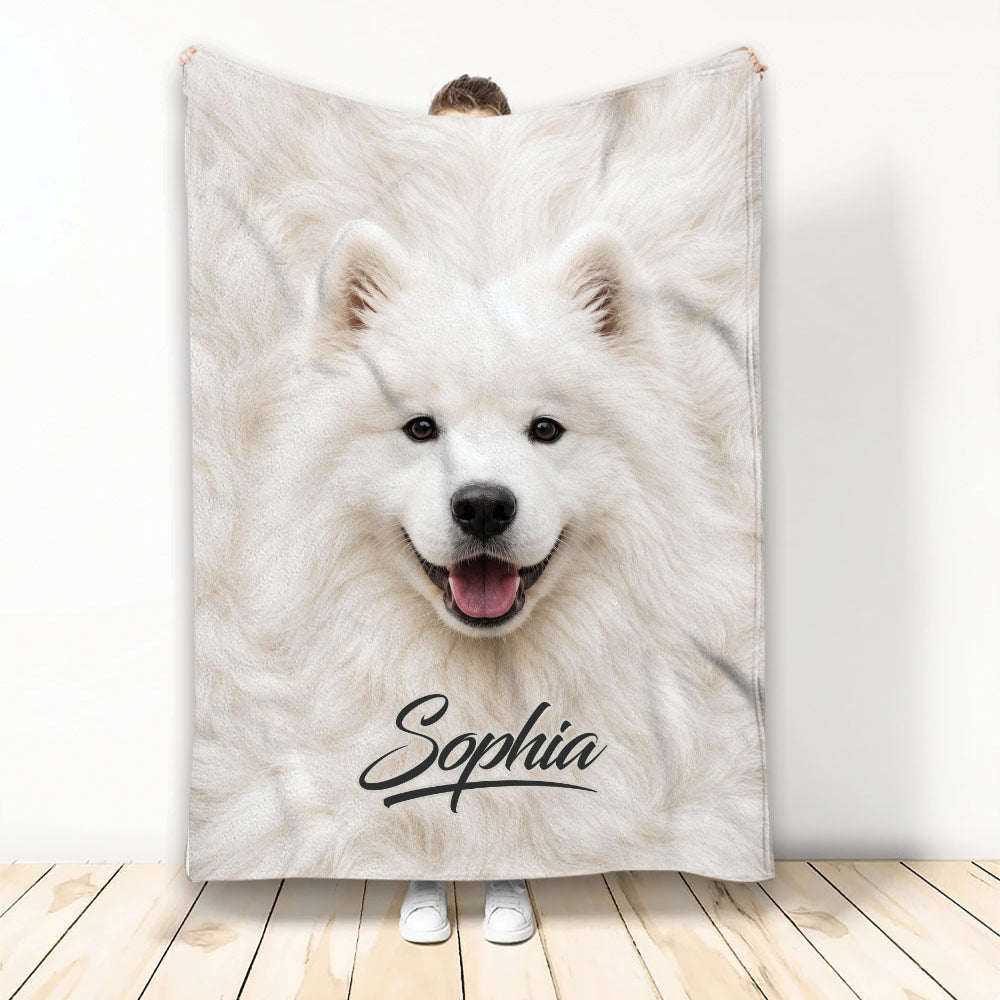 White Samoyed face blanket displayed vertically in a bright room with a cozy custom design