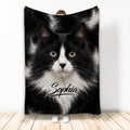 Tuxedo cat blanket featuring a close-up black-and-white cat design in a full blanket display