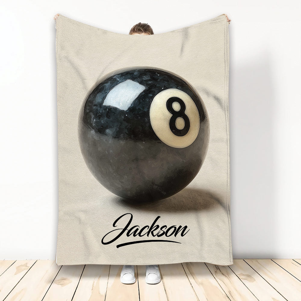 Billiard throw blanket featuring a dramatic black 8-ball design displayed against a light background
