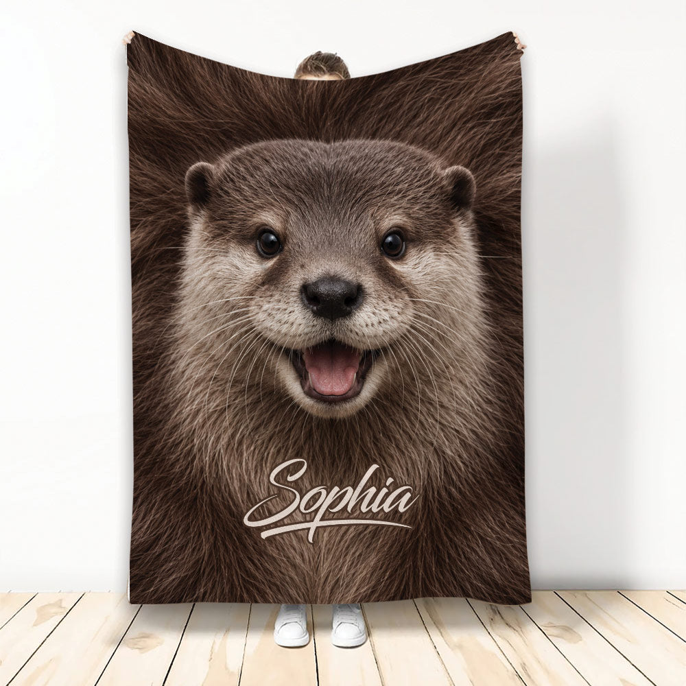 Otter throw blanket with a playful close-up wildlife design displayed against a light background