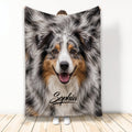 Australian Shepherd throw blanket displayed upright with detailed blue merle dog artwork
