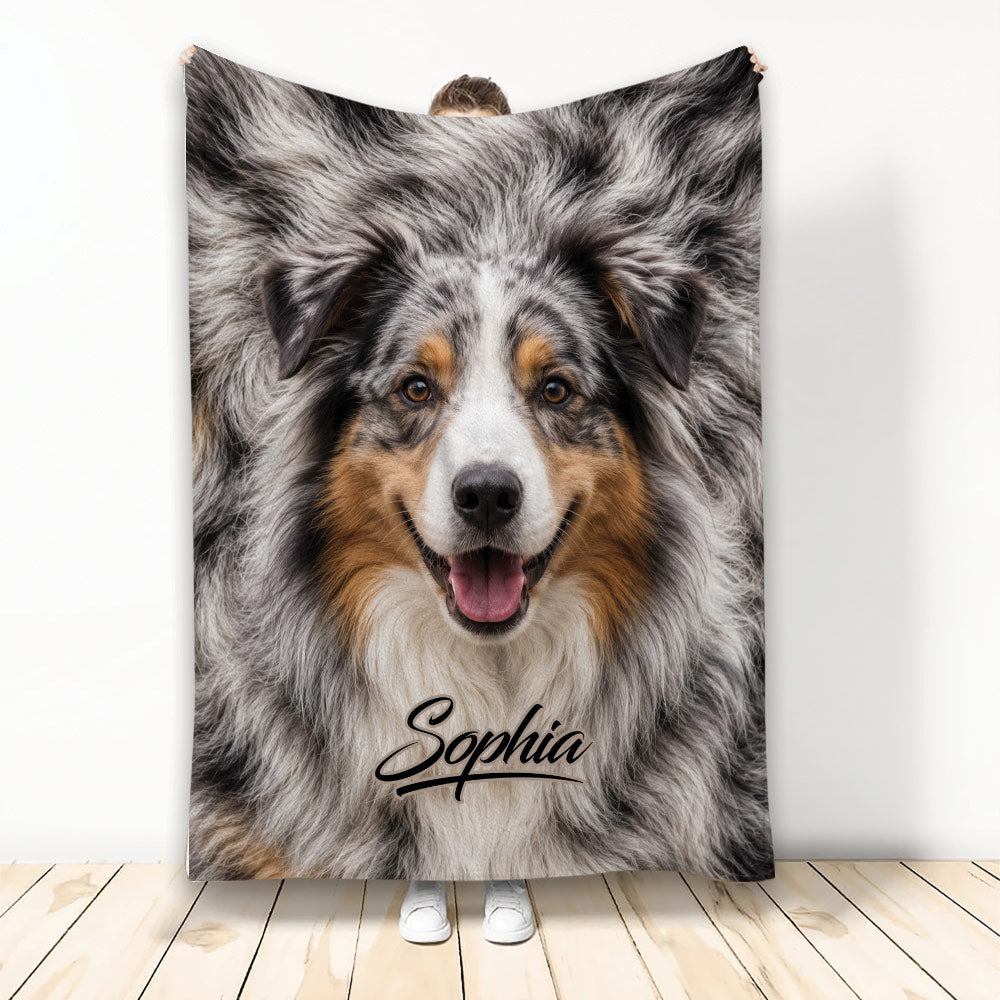 Australian Shepherd throw blanket displayed upright with detailed blue merle dog artwork