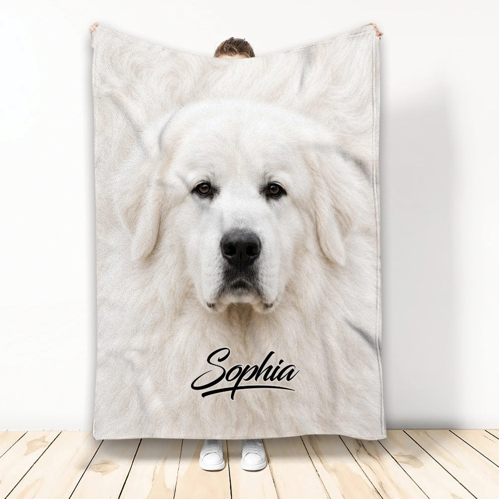 Great Pyrenees dog blanket displayed vertically with a close-up white dog face design