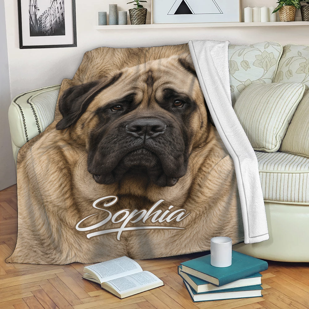 English Mastiff blanket draped over a sofa with a realistic tan and black dog portrait design
