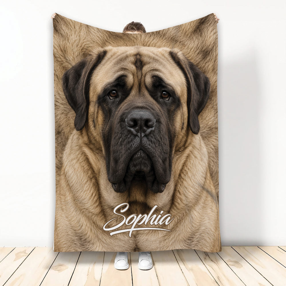 English Mastiff throw blanket featuring a close-up gentle giant dog portrait in warm tan and black tones