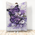 Alzheimer awareness blanket with purple butterflies, awareness ribbons and floral arrangement on a distressed white background