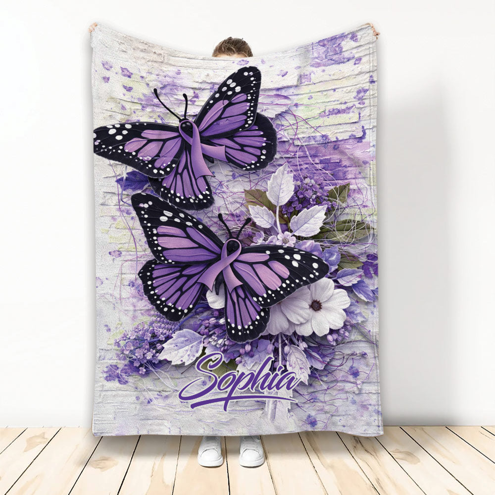 Alzheimer awareness blanket with purple butterflies, awareness ribbons and floral arrangement on a distressed white background