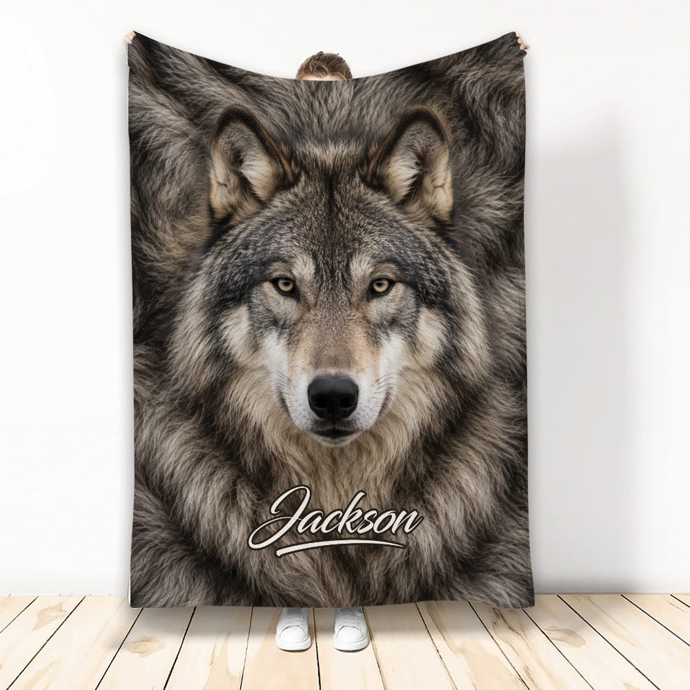 Front-facing gray wolf artwork displayed on a custom printed throw blanket