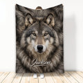 Front-facing gray wolf artwork displayed on a custom printed throw blanket