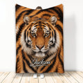 Tiger throw blanket with a close-up orange and black tiger face in bold wildlife artwork