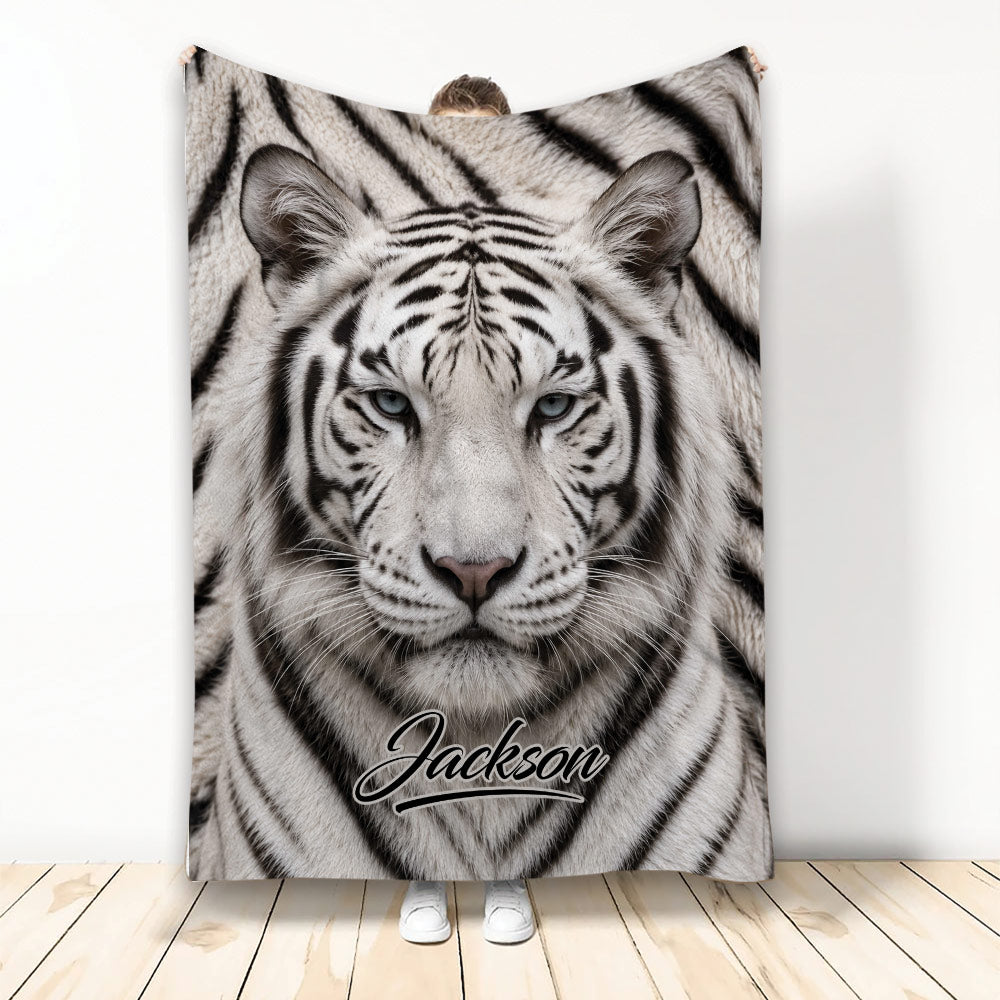 Tiger throw blanket with a dramatic close-up wildlife design displayed in a standing lifestyle setting