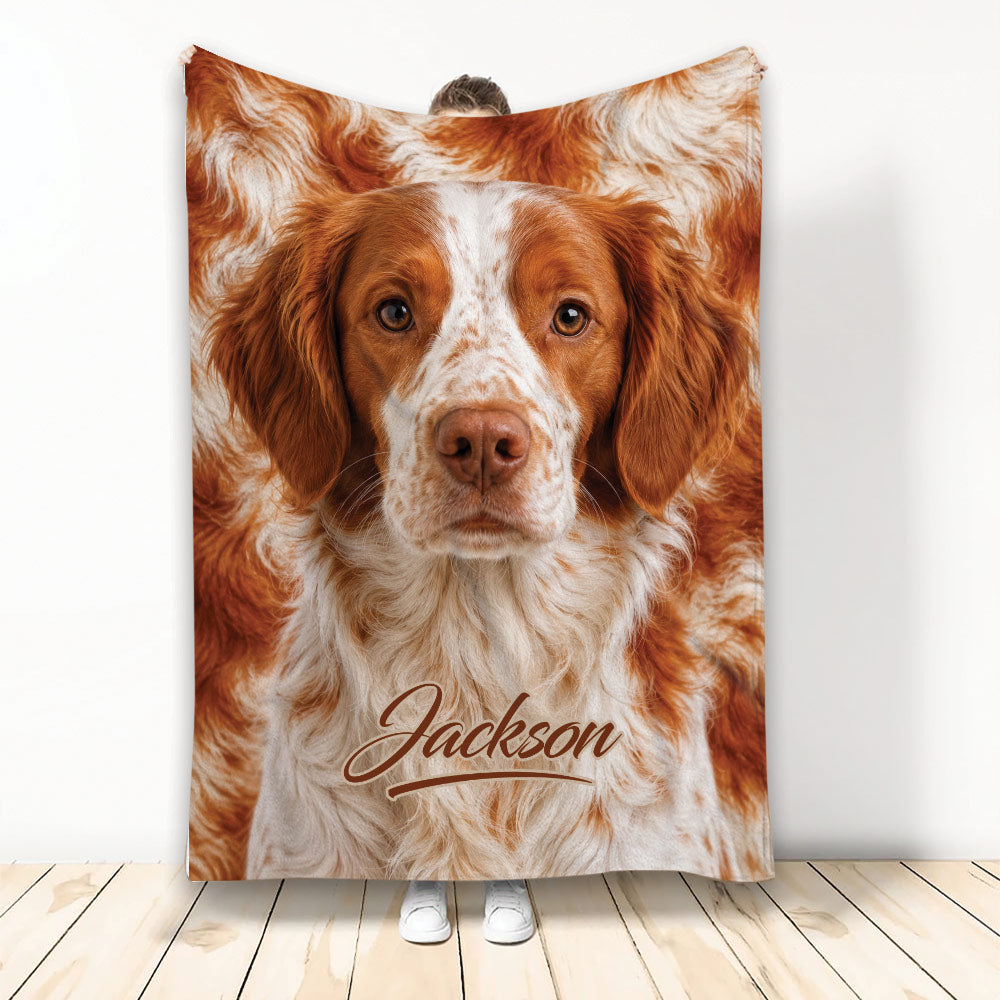 Brittany Spaniel throw blanket featuring a close-up orange and white dog portrait design