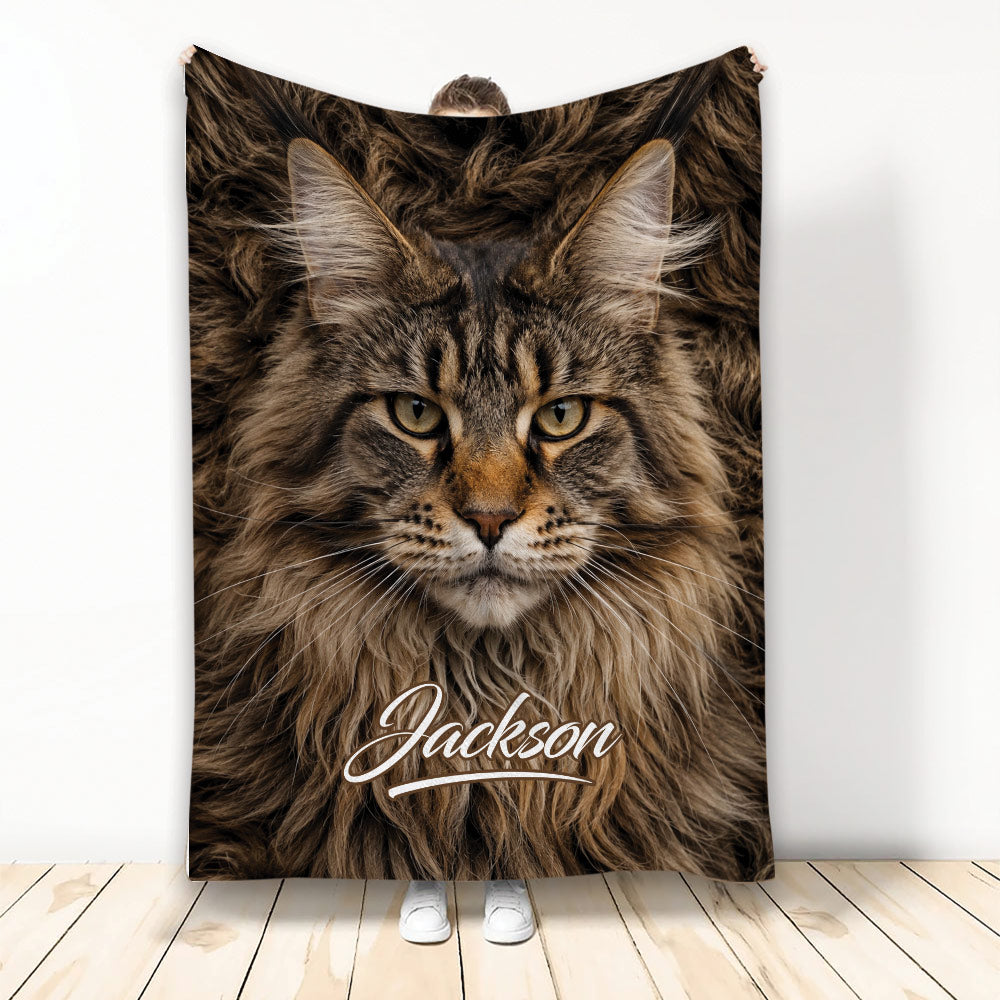 Maine Coon throw blanket displayed vertically with a realistic brown tabby cat design