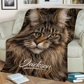 Close view of a Maine Coon throw blanket featuring a realistic cat face on a sofa
