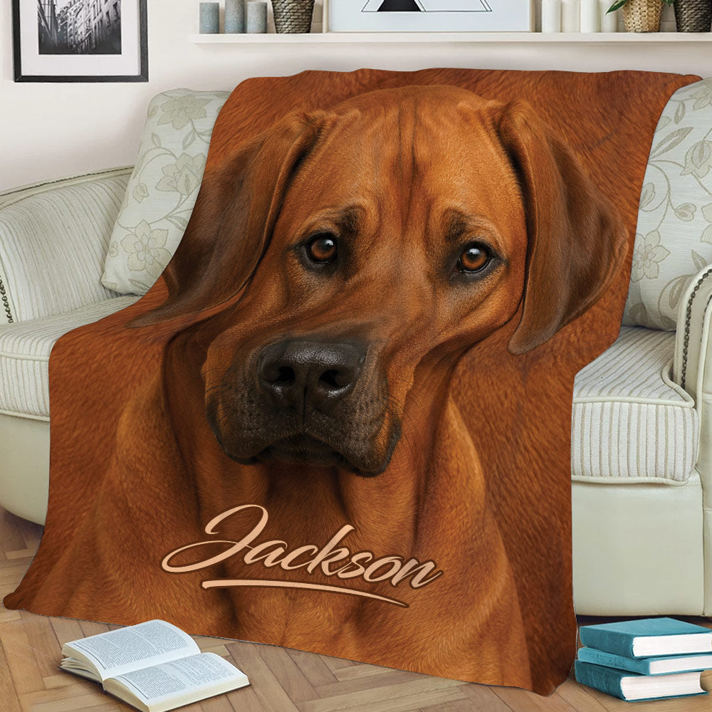 Close-up Rhodesian Ridgeback throw blanket displayed on a couch in a cozy living room