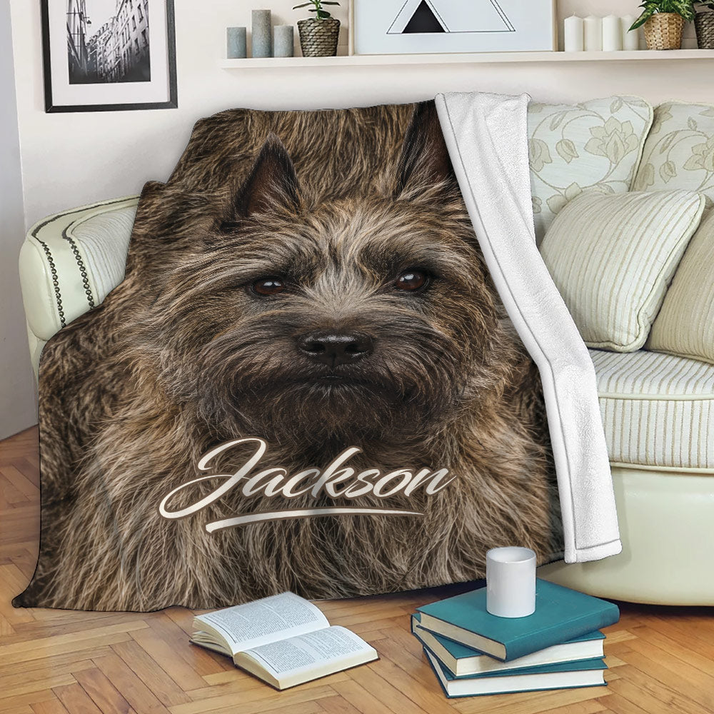 Cairn Terrier blanket displayed on a sofa with cozy dog artwork and living room decor