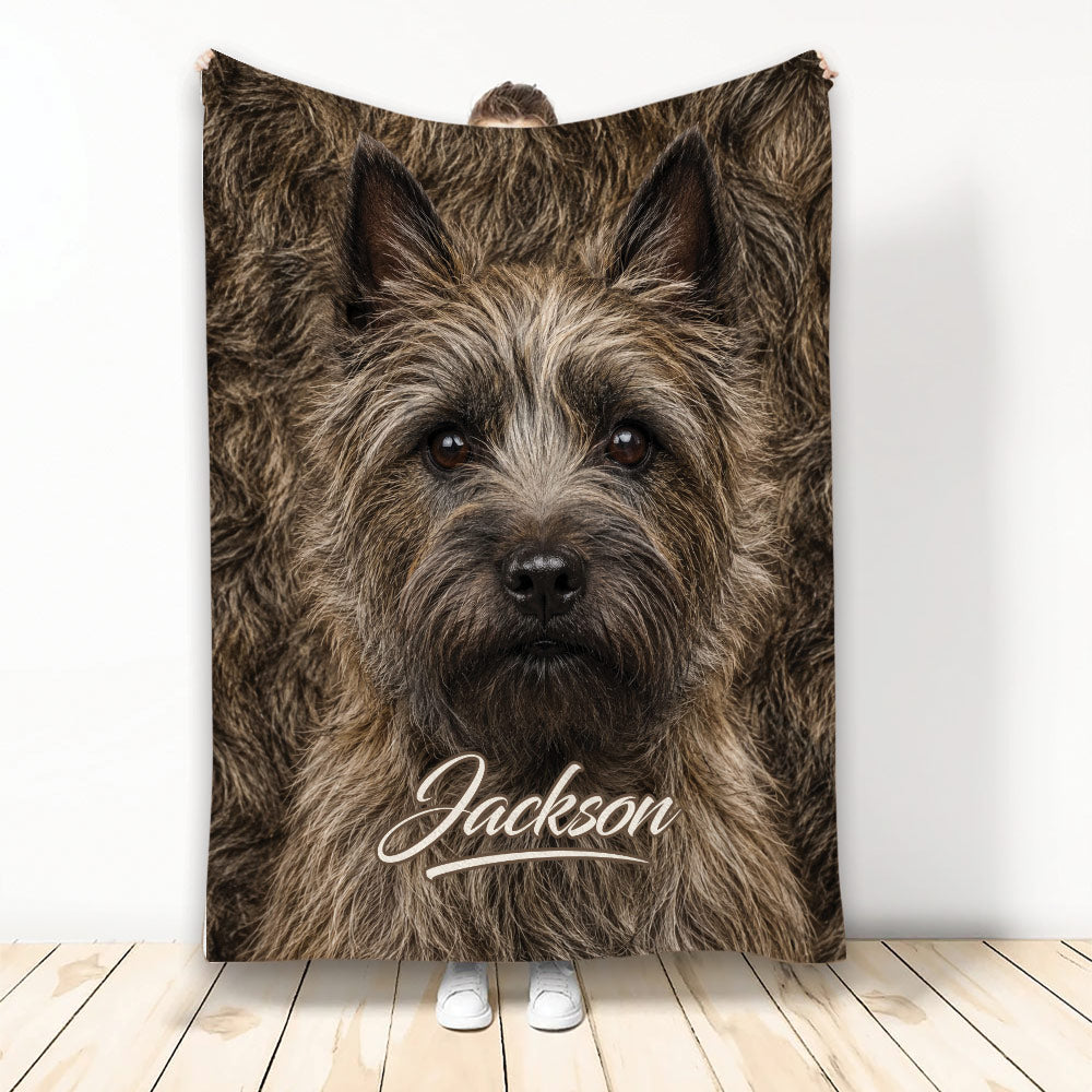Cairn Terrier throw blanket featuring a close-up shaggy dog portrait in warm brown tones
