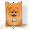 Fluffy orange Pomeranian throw blanket displayed upright with a close-up dog design