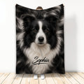 Border Collie throw blanket displayed vertically with a realistic black-and-white dog portrait
