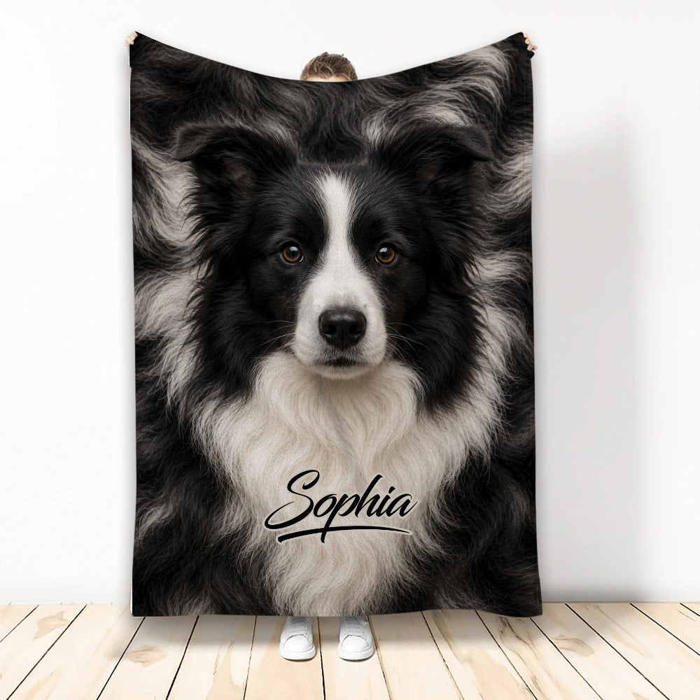 Border Collie throw blanket displayed vertically with a realistic black-and-white dog portrait