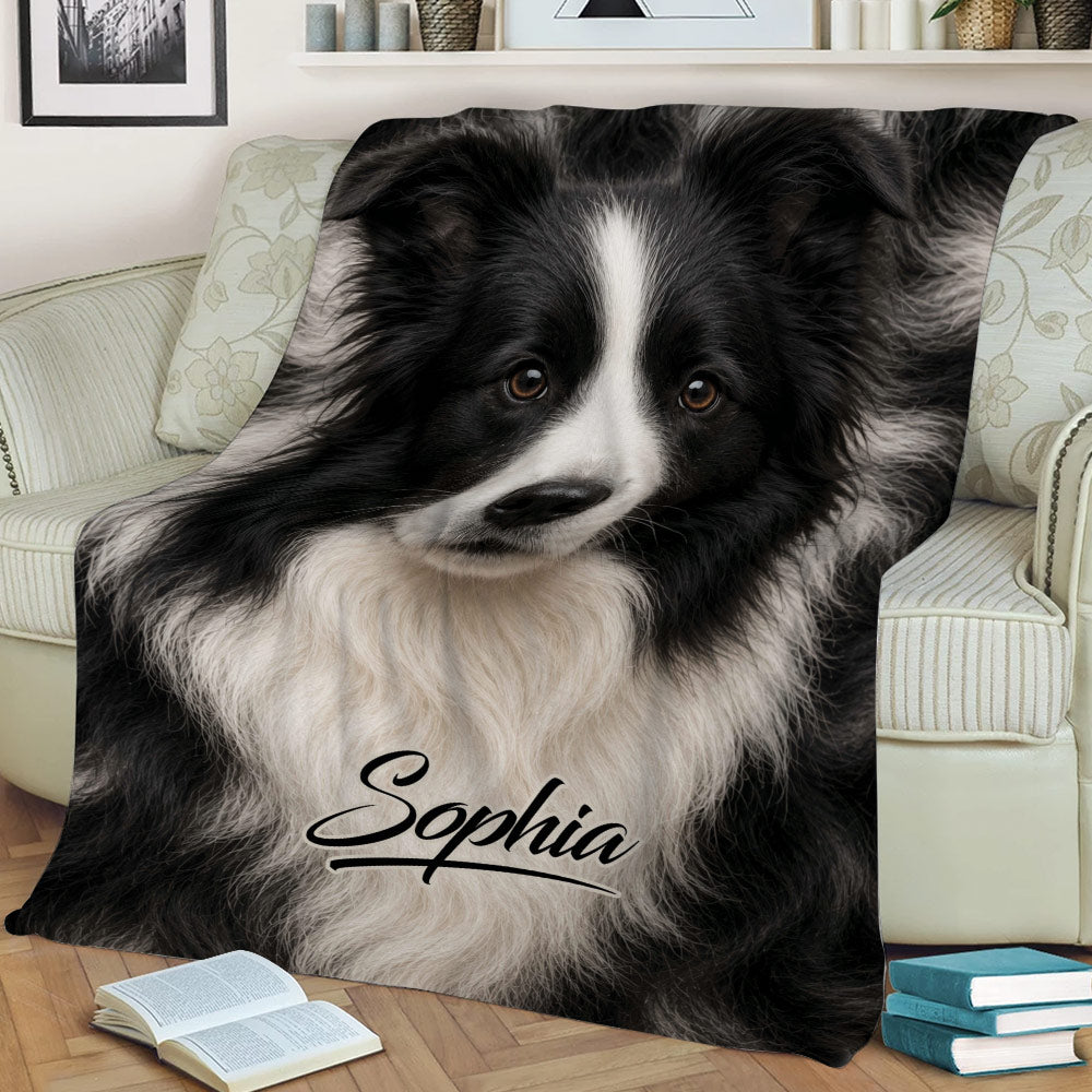 Black-and-white Border Collie throw blanket styled on a sofa with books nearby