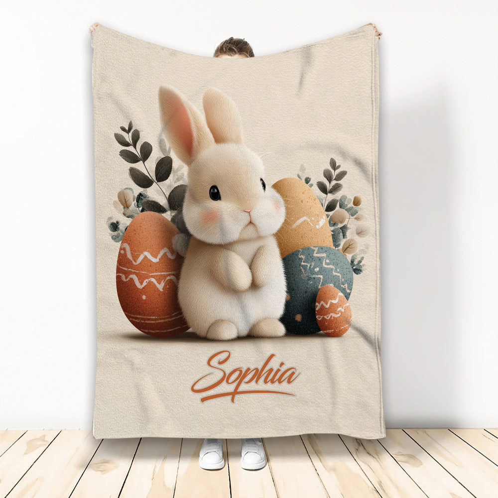 Rabbit blanket with a cute bunny surrounded by colorful Easter eggs and botanical accents