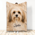 Havanese dog throw blanket displayed upright with soft tan artwork and a cozy custom design