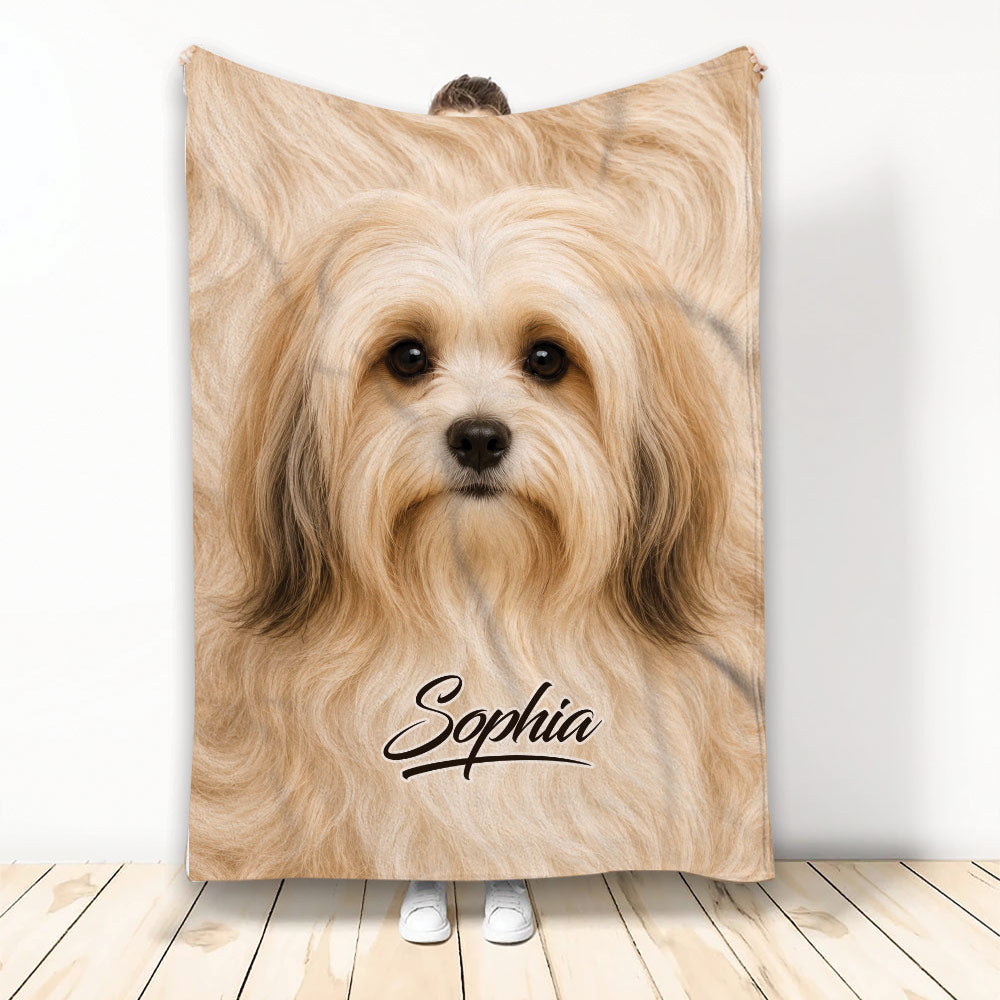 Havanese dog throw blanket displayed upright with soft tan artwork and a cozy custom design