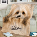 Havanese dog throw blanket styled across a sofa with warm tan artwork and reading decor