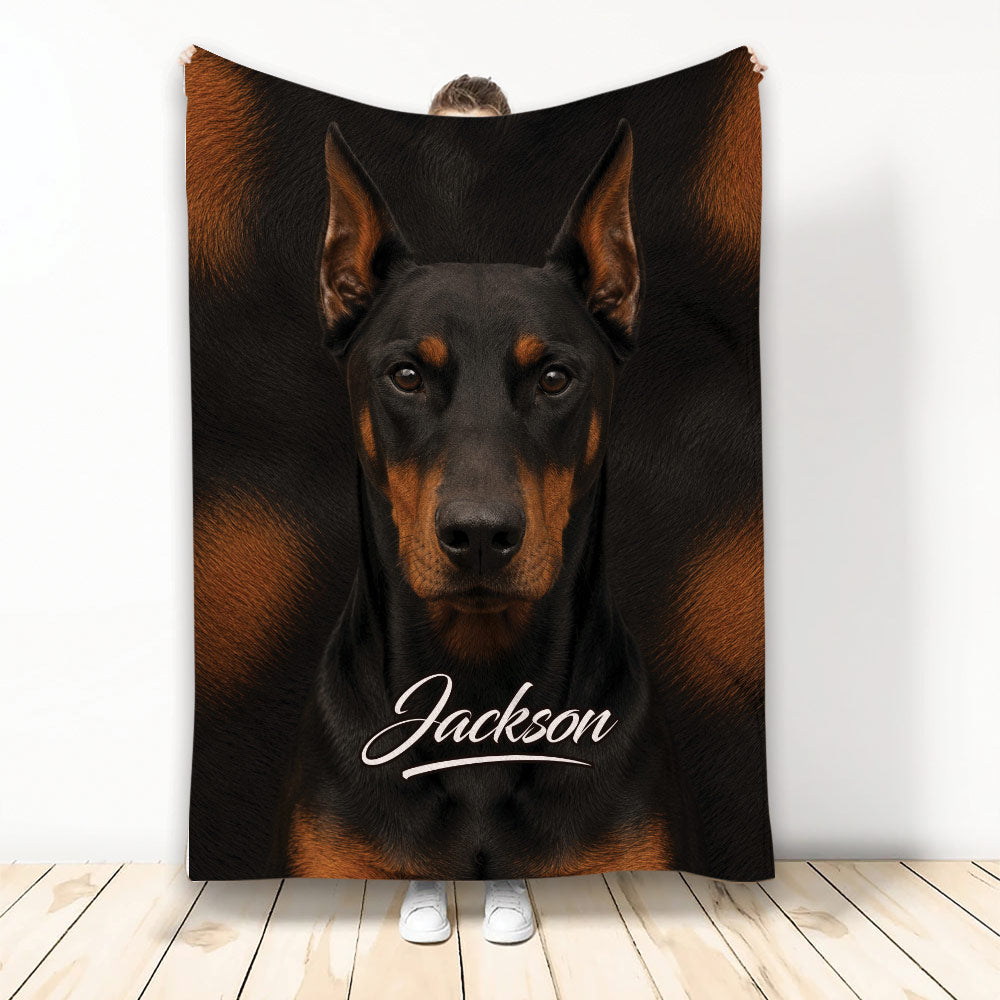 Black and tan Doberman design blanket displayed vertically with bold realistic dog artwork