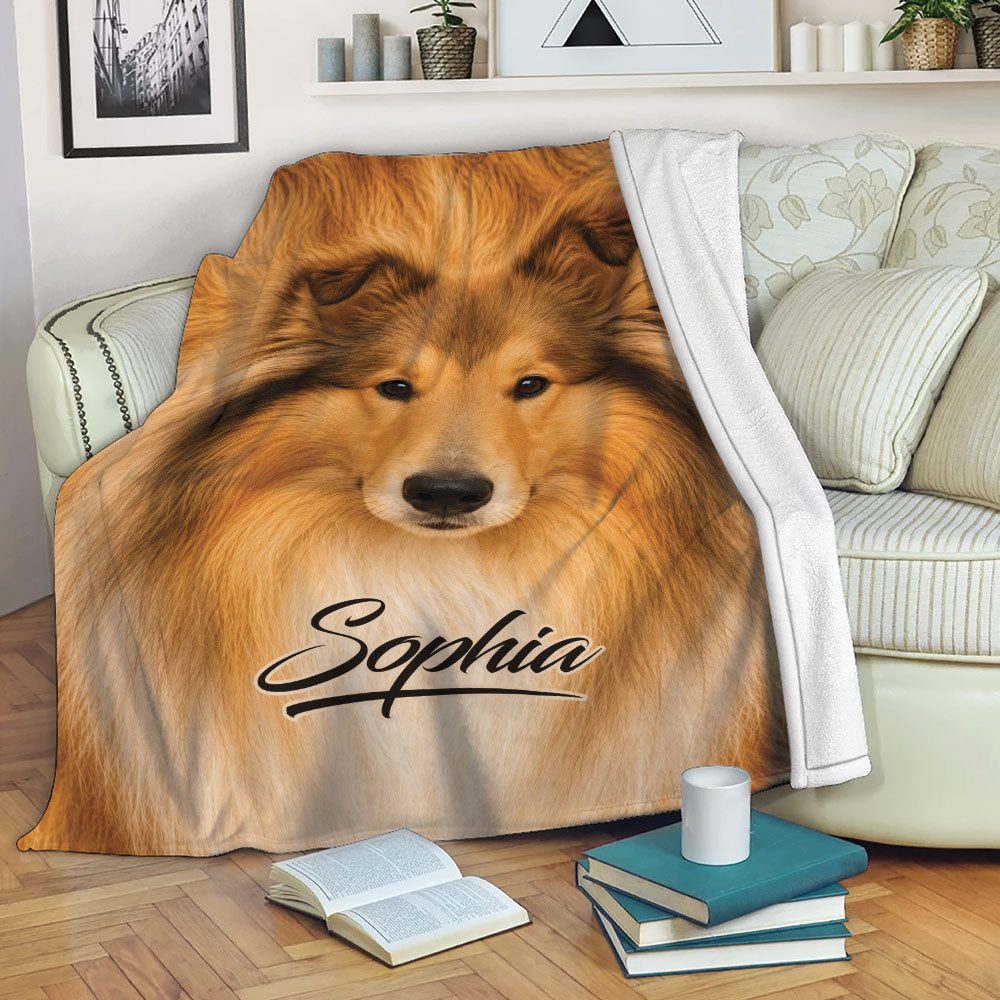 Rough Collie throw blanket draped over a sofa in a cozy living room setting
