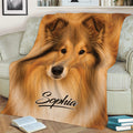 Golden Rough Collie throw blanket displayed across a sofa with a close-up dog design