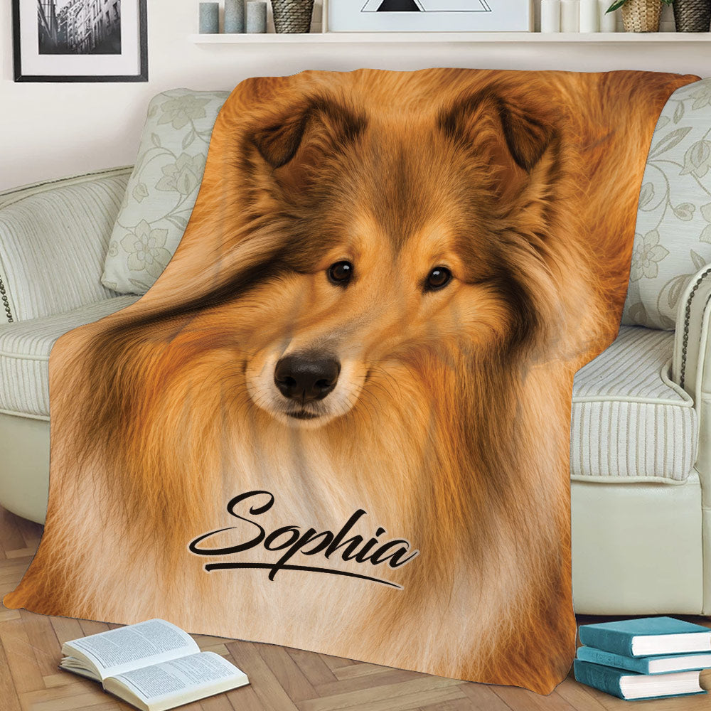 Golden Rough Collie throw blanket displayed across a sofa with a close-up dog design