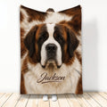 Saint Bernard throw blanket featuring a close-up dog portrait in rich brown, white, and black tones