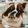 Close-up Saint Bernard throw blanket displayed on a sofa with detailed brown and white dog artwork