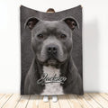 Staffordshire Bull Terrier blanket displayed upright with a realistic gray dog design