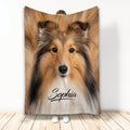 Sheltie throw blanket featuring a close-up sable Shetland Sheepdog design in warm natural tones