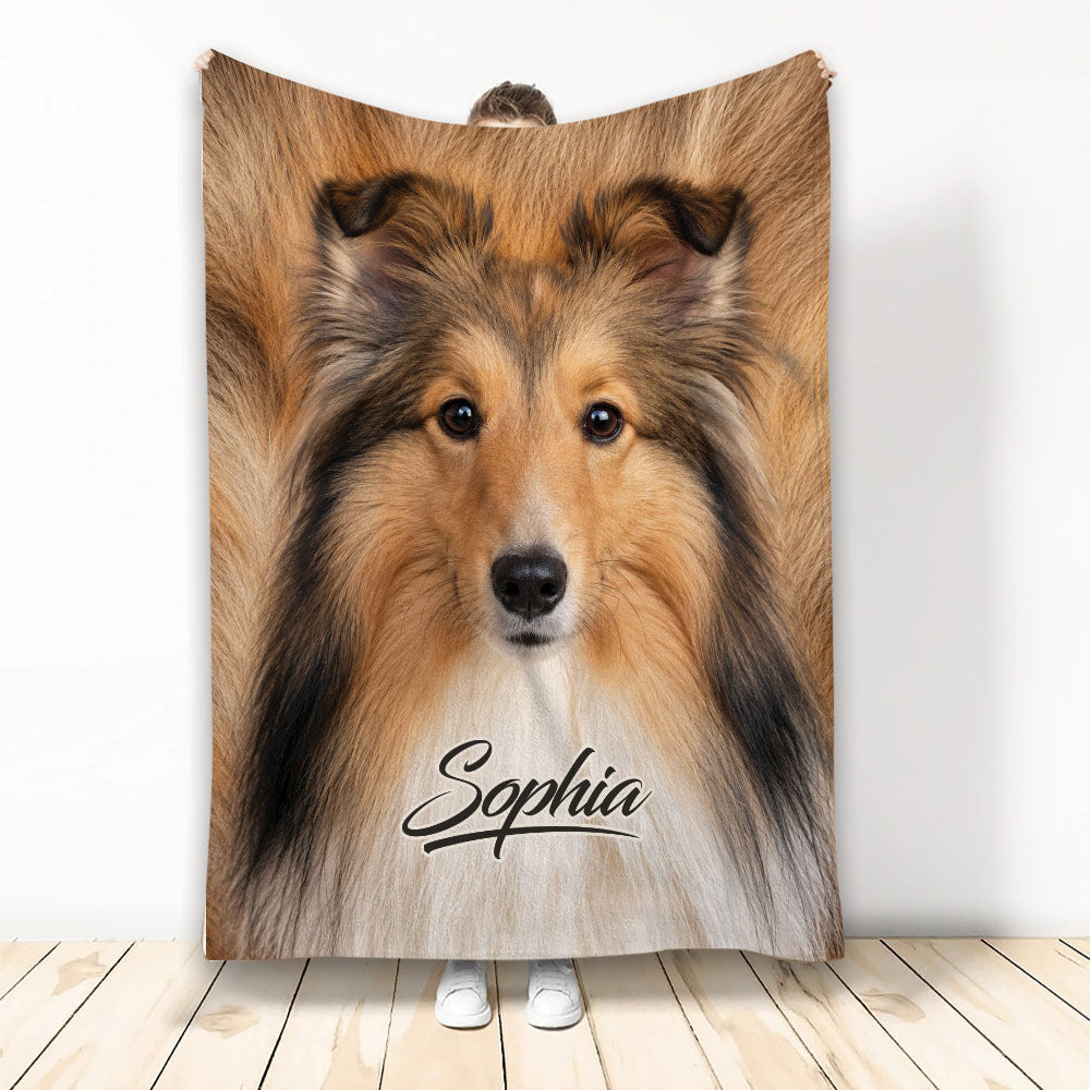 Sheltie throw blanket featuring a close-up sable Shetland Sheepdog design in warm natural tones