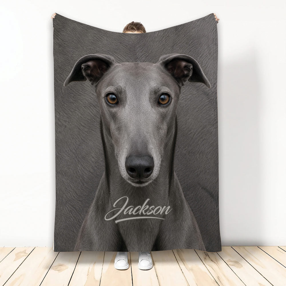 Greyhound throw blanket displayed upright with a realistic gray dog portrait on a dark background