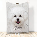 White curly Bichon Frise dog design displayed on a blanket in a bright room